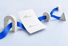 Ilustração de um documento conectado a um percurso com diferentes pontos de decisão.