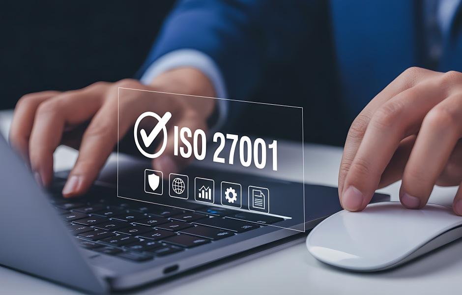 Close-up das mãos de uma pessoa usando um notebook e mouse, com uma sobreposição digital do selo de certificação ISO 27001 e ícones de segurança cibernética.