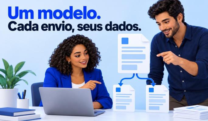 Profissionais preparam documentos reutilizáveis. O texto diz: Um modelo. Cada envio, seus dados.