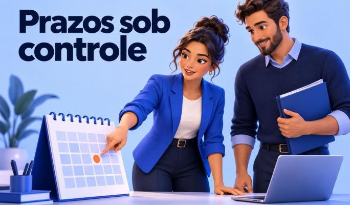 Gestora de contratos e colega de operações planejam um prazo em um calendário. O texto diz Prazos sob controle.