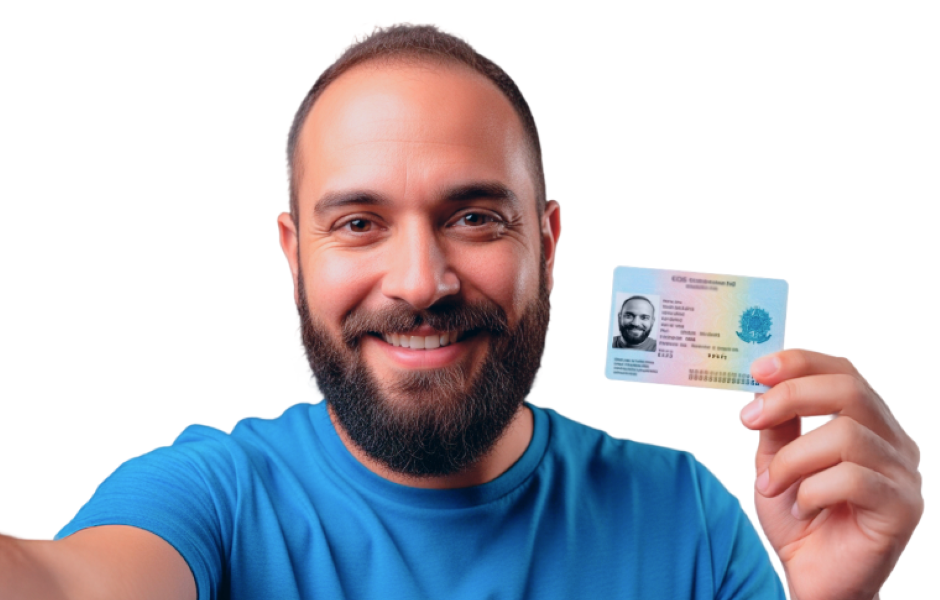 Homem sorridente usando camiseta azul, segurando um documento de identidade com foto, representando a importância de documentos oficiais para identidade e segurança pessoal.