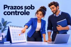 Gestora de contratos e colega de operações planejam um prazo em um calendário. O texto diz Prazos sob controle.