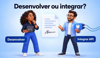 Dois personagens de perfil técnico avaliam um documento com assinatura. O título diz Desenvolver ou integrar?, com os rótulos Desenvolver e Integrar API.