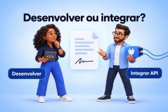 Dois personagens de perfil técnico avaliam um documento com assinatura. O título diz Desenvolver ou integrar?, com os rótulos Desenvolver e Integrar API.