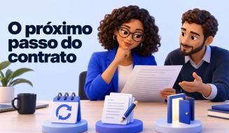 Gestores avaliam um documento. O texto diz: O próximo passo do contrato.