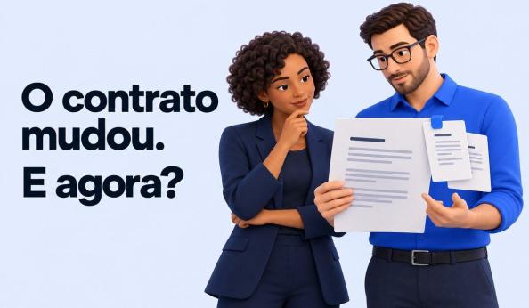 Gestores discutem um contrato com folhas de alteração relacionadas. O texto diz: O contrato mudou. E agora?