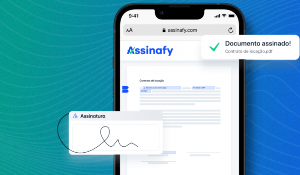 Imagem de um smartphones exibindo uma assinatura digital e um documento de locação assinado na plataforma AssinaFy, destacando a facilidade de assinatura eletrônica de contratos.