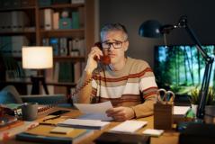 Homem de óculos com cabelo grisalho, usando camisa listrada, trabalha em escritório com computador, livros e cadeiras, enquanto conversa ao telefone de casa.