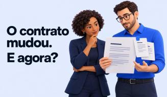Gestores discutem um contrato com folhas de alteração relacionadas. O texto diz: O contrato mudou. E agora?