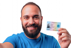 Homem sorridente usando camiseta azul, segurando um documento de identidade com foto, representando a importância de documentos oficiais para identidade e segurança pessoal.