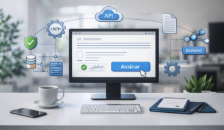 Assinatura eletrônica com botão “Assinar” e integração via API e backend.