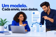 Profissionais preparam documentos reutilizáveis. O texto diz: Um modelo. Cada envio, seus dados.