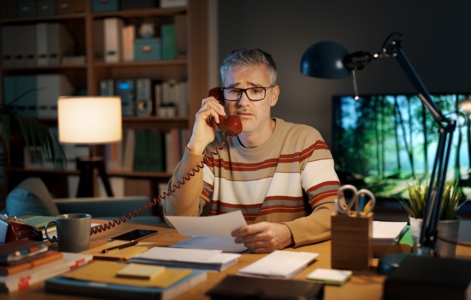 Homem de óculos com cabelo grisalho, usando camisa listrada, trabalha em escritório com computador, livros e cadeiras, enquanto conversa ao telefone de casa.