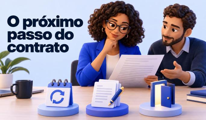 Gestores avaliam um documento. O texto diz: O próximo passo do contrato.
