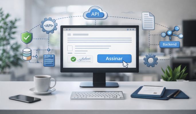 Assinatura eletrônica com botão “Assinar” e integração via API e backend.