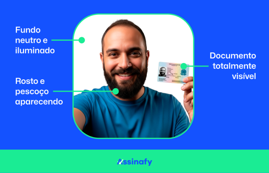 Homem sorridente segurando um documento de identidade visível, com rosto bem iluminado e fundo neutro, destacando a importância de um documento de identidade válido.