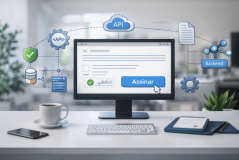 Assinatura eletrônica com botão “Assinar” e integração via API e backend.