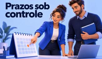 Gestora de contratos e colega de operações planejam um prazo em um calendário. O texto diz Prazos sob controle.