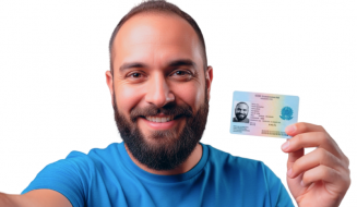 Homem sorridente usando camiseta azul, segurando um documento de identidade com foto, representando a importância de documentos oficiais para identidade e segurança pessoal.