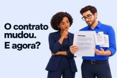 Gestores discutem um contrato com folhas de alteração relacionadas. O texto diz: O contrato mudou. E agora?